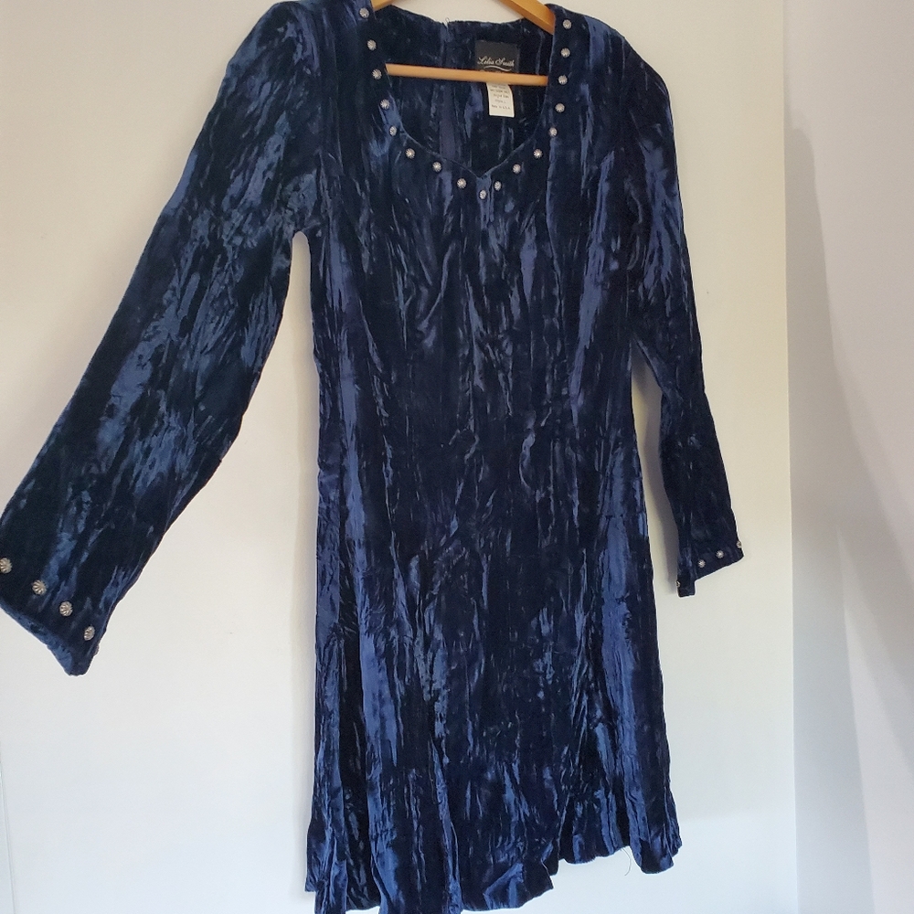 VTG Lilia Smith Sz S Dk Blue Crushed Velvet Dress LS Sweetheart Whimsigoth 80's